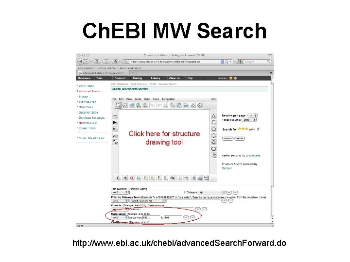 Ch. EBI MW Search http: //www. ebi. ac. uk/chebi/advanced. Search. Forward. do 