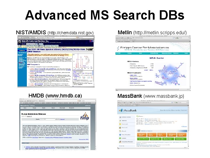 Advanced MS Search DBs NIST/AMDIS (http: //chemdata. nist. gov) Metlin (http: //metlin. scripps. edu/)