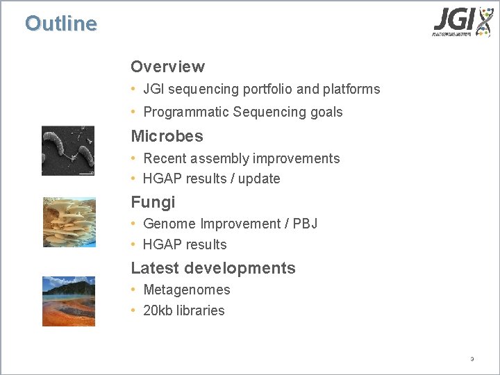 Outline Overview • JGI sequencing portfolio and platforms • Programmatic Sequencing goals Microbes •