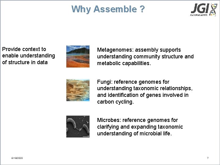 Why Assemble ? Provide context to enable understanding of structure in data Metagenomes: assembly