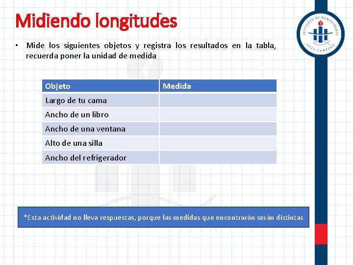 Midiendo longitudes • Mide los siguientes objetos y registra los resultados en la tabla,