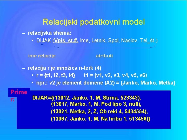 Relacijski podatkovni model – relacijska shema: • DIJAK (Vpis_št. #, Ime, Letnik, Spol, Naslov,