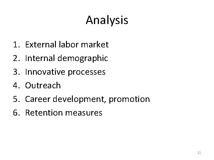 Analysis 1. 2. 3. 4. 5. 6. External labor market Internal demographic Innovative processes