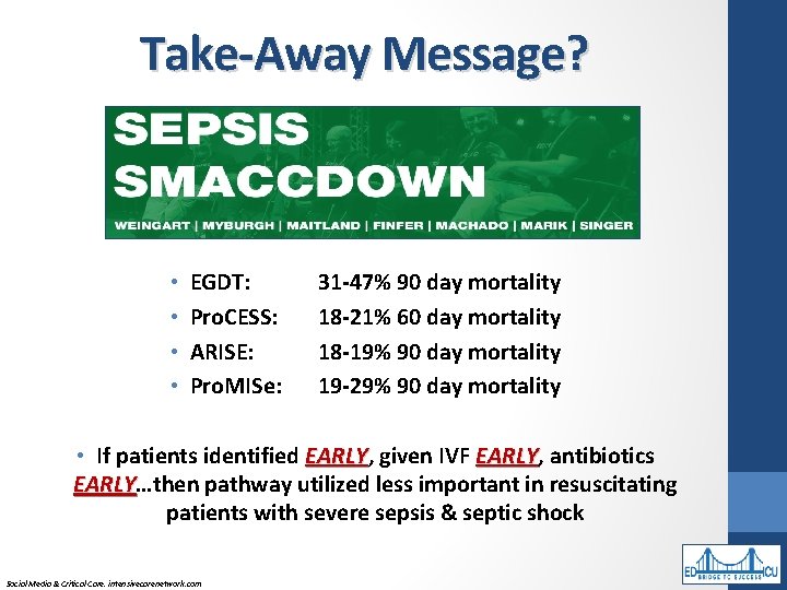 Take-Away Message? • • EGDT: Pro. CESS: ARISE: Pro. MISe: 31 -47% 90 day