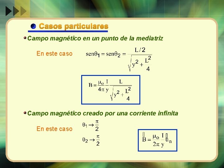 Casos particulares Campo magnético en un punto de la mediatriz En este caso Campo