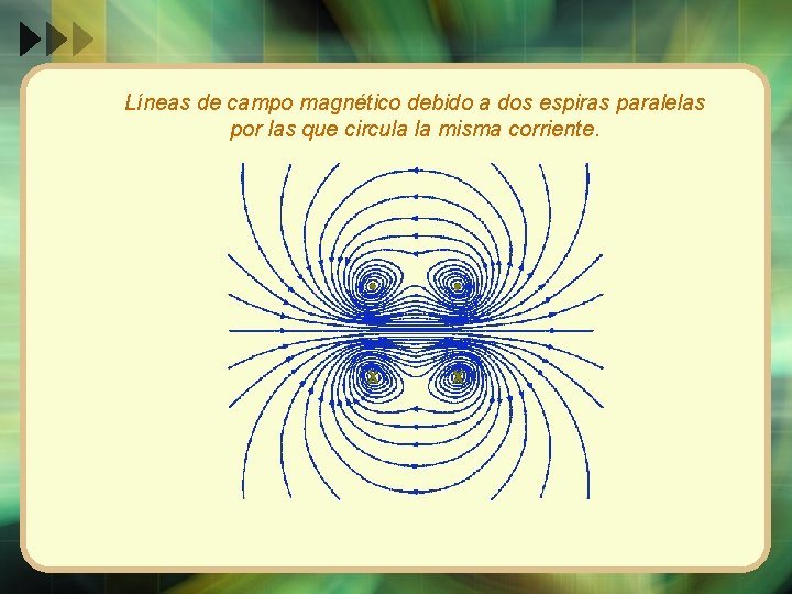 Líneas de campo magnético debido a dos espiras paralelas por las que circula la