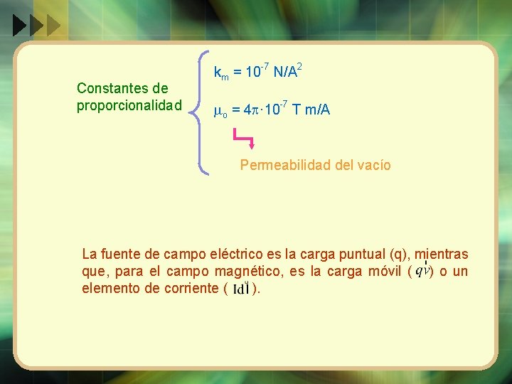 Constantes de proporcionalidad km = 10 -7 N/A 2 -7 mo = 4 p·