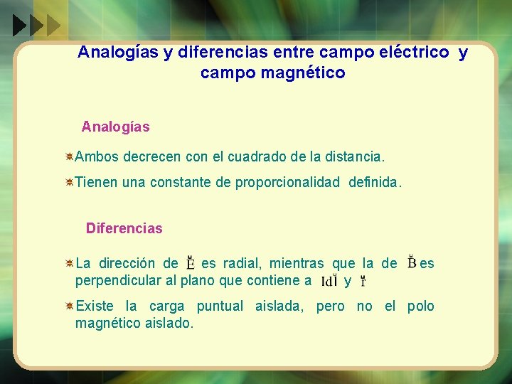 Analogías y diferencias entre campo eléctrico y campo magnético Analogías Ambos decrecen con el