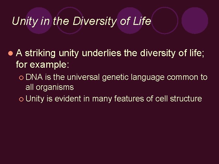 Unity in the Diversity of Life l. A striking unity underlies the diversity of