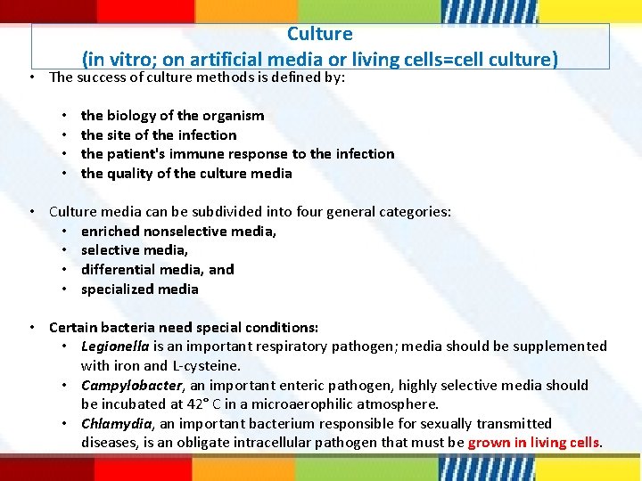 Culture (in vitro; on artificial media or living cells=cell culture) • The success of