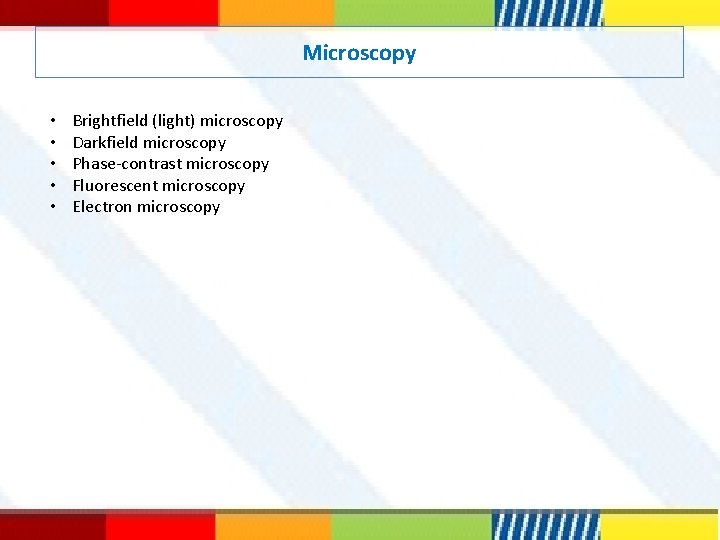 Microscopy • • • Brightfield (light) microscopy Darkfield microscopy Phase-contrast microscopy Fluorescent microscopy Electron