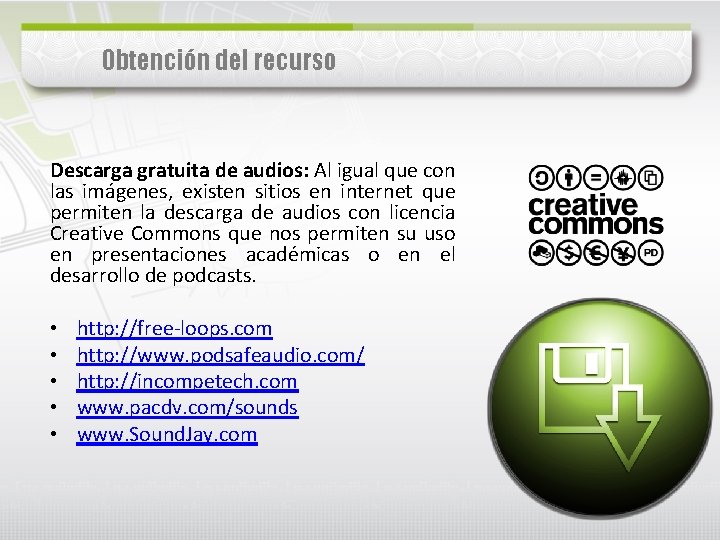 Obtención del recurso Descarga gratuita de audios: Al igual que con las imágenes, existen