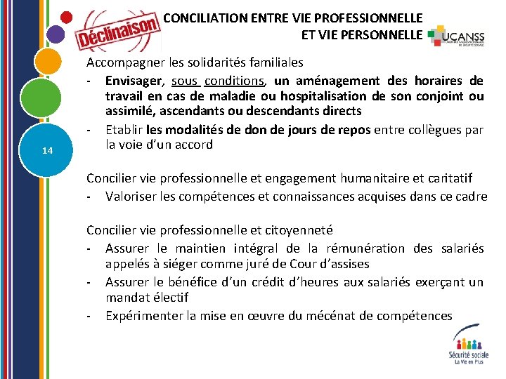 CONCILIATION ENTRE VIE PROFESSIONNELLE ET VIE PERSONNELLE 14 Accompagner les solidarités familiales - Envisager,