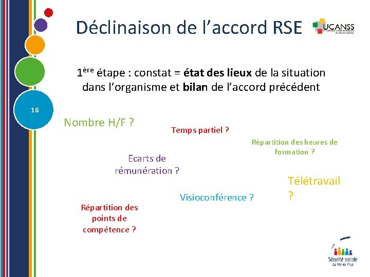 Déclinaison de l’accord RSE 1ère étape : constat = état des lieux de la