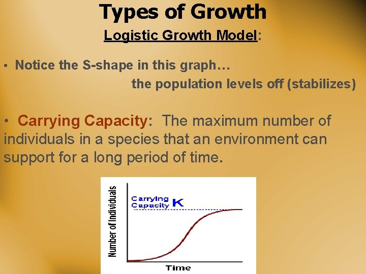 Types of Growth Logistic Growth Model: • Notice the S-shape in this graph… the
