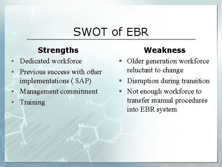 SWOT of EBR • • Strengths Dedicated workforce Previous success with other implementations (