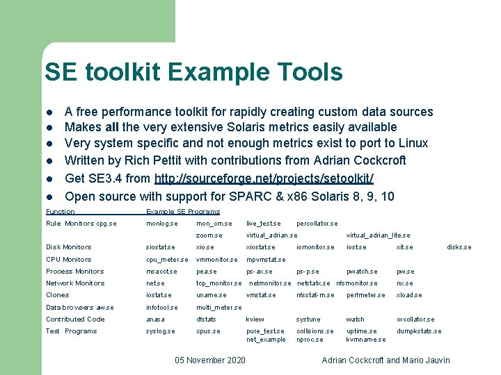 SE toolkit Example Tools l l l A free performance toolkit for rapidly creating