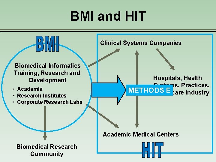 BMI and HIT Clinical Systems Companies Biomedical Informatics Training, Research and Development • Academia