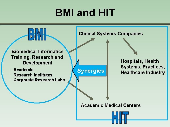 BMI and HIT Clinical Systems Companies Biomedical Informatics Training, Research and Development • Academia