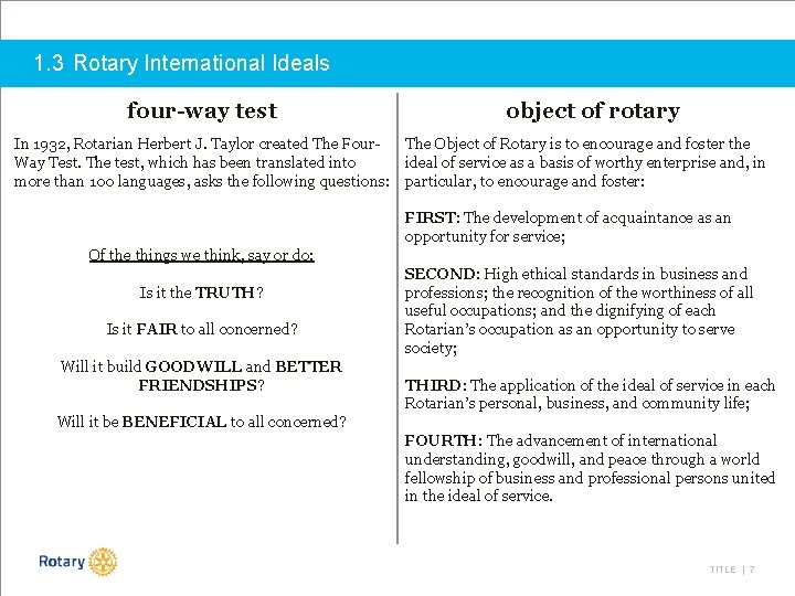 1. 3 Rotary International Ideals four-way test object of rotary In 1932, Rotarian Herbert