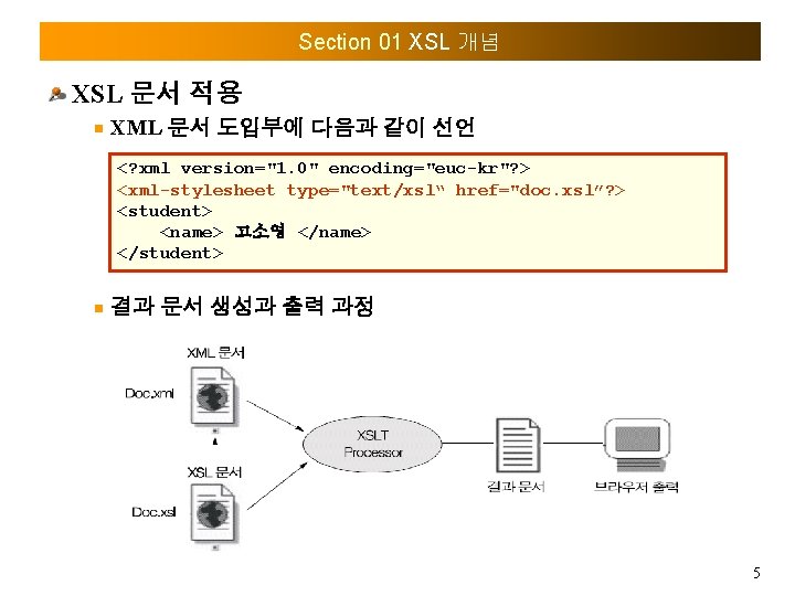 Section 01 XSL 개념 XSL 문서 적용 XML 문서 도입부에 다음과 같이 선언 <?