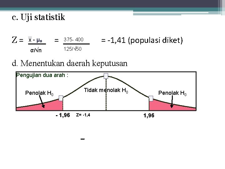 c. Uji statistik Z= x - µ₀ σ/√n = = -1, 41 (populasi diket)