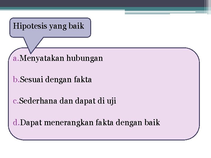 Hipotesis yang baik a. Menyatakan hubungan b. Sesuai dengan fakta c. Sederhana dan dapat