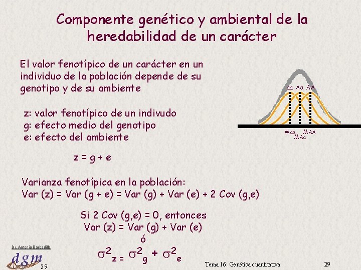 Componente genético y ambiental de la heredabilidad de un carácter El valor fenotípico de