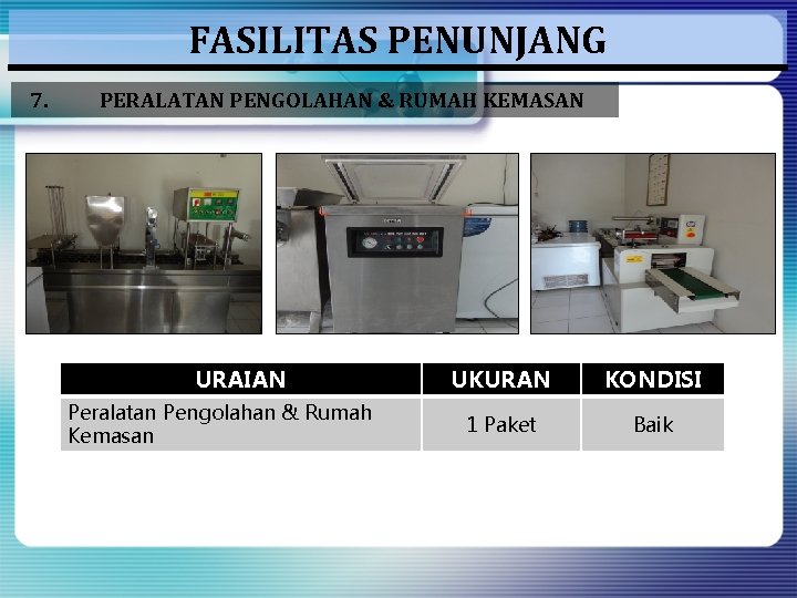 FASILITAS PENUNJANG 7. PERALATAN PENGOLAHAN & RUMAH KEMASAN URAIAN Peralatan Pengolahan & Rumah Kemasan