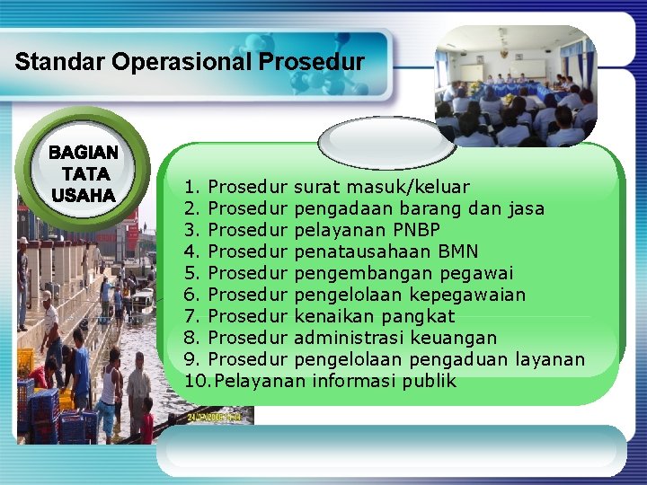 Standar Operasional Prosedur 1. Prosedur surat masuk/keluar 2. Prosedur pengadaan barang dan jasa 3.