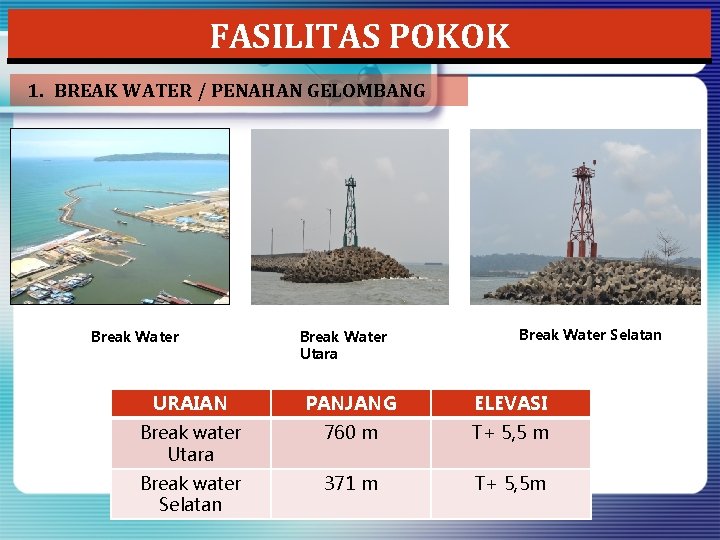 FASILITAS POKOK 1. BREAK WATER / PENAHAN GELOMBANG Break Water Utara Break Water Selatan