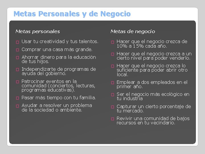 Metas Personales y de Negocio Metas personales � Usar tu creatividad y tus talentos.