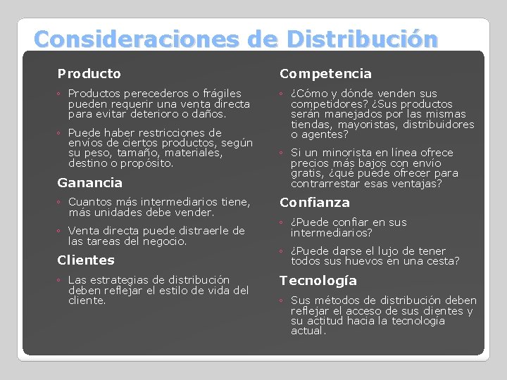 Consideraciones de Distribución Producto Competencia ◦ Productos perecederos o frágiles pueden requerir una venta