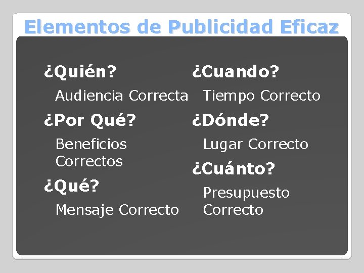 Elementos de Publicidad Eficaz ¿Quién? ¿Cuando? Audiencia Correcta Tiempo Correcto ¿Por Qué? Beneficios Correctos