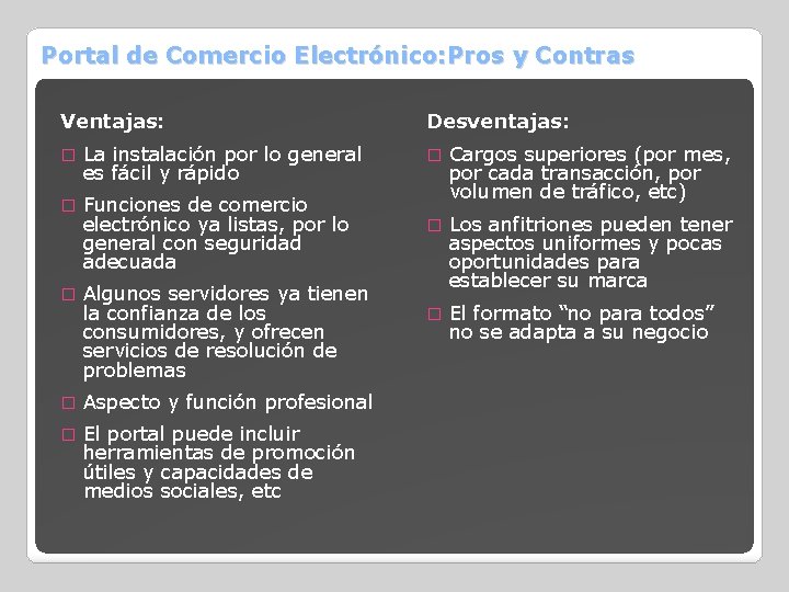 Portal de Comercio Electrónico: Pros y Contras Ventajas: Desventajas: � La instalación por lo