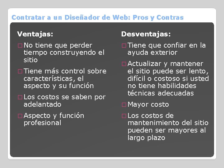 Contratar a un Diseñador de Web: Pros y Contras Ventajas: Desventajas: � No �