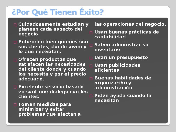 ¿Por Qué Tienen Éxito? Cuidadosamente estudian y las operaciones del negocio. planean cada aspecto