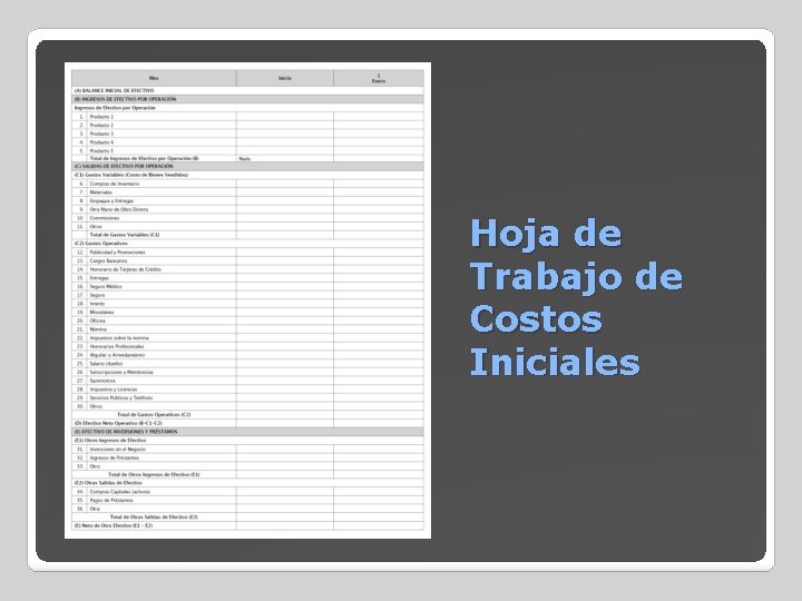 Hoja de Trabajo de Costos Iniciales 