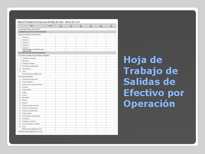 Hoja de Trabajo de Salidas de Efectivo por Operación 