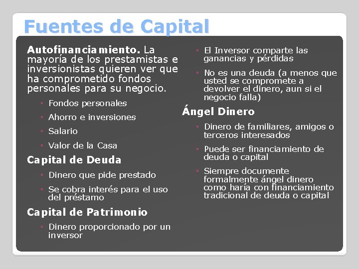 Fuentes de Capital Autofinanciamiento. La mayoría de los prestamistas e inversionistas quieren ver que