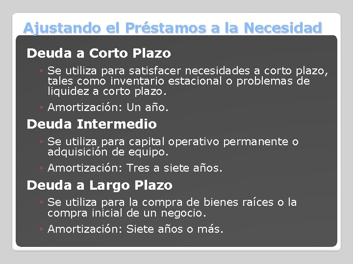 Ajustando el Préstamos a la Necesidad Deuda a Corto Plazo ◦ Se utiliza para