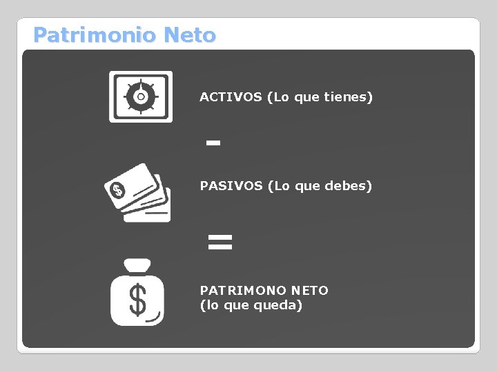 Patrimonio Neto ACTIVOS (Lo que tienes) PASIVOS (Lo que debes) = PATRIMONO NETO (lo