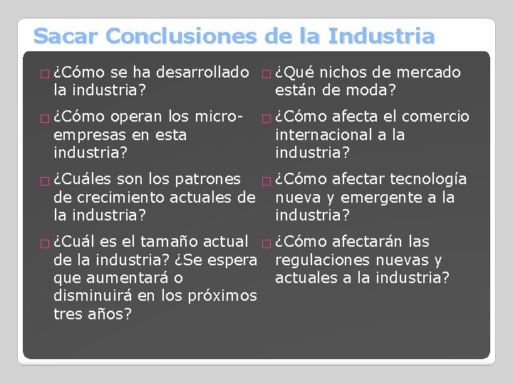 Sacar Conclusiones de la Industria � ¿Cómo se ha desarrollado � ¿Qué nichos de