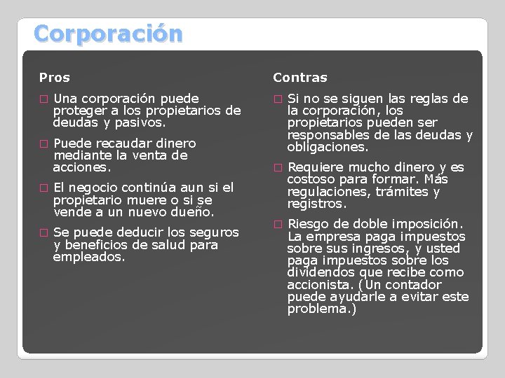 Corporación Pros � Una corporación puede proteger a los propietarios de deudas y pasivos.