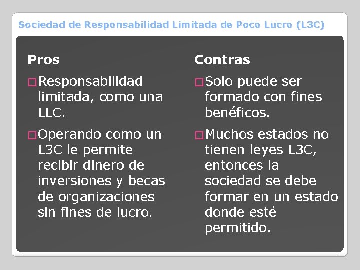 Sociedad de Responsabilidad Limitada de Poco Lucro (L 3 C) Pros Contras �Responsabilidad �Solo
