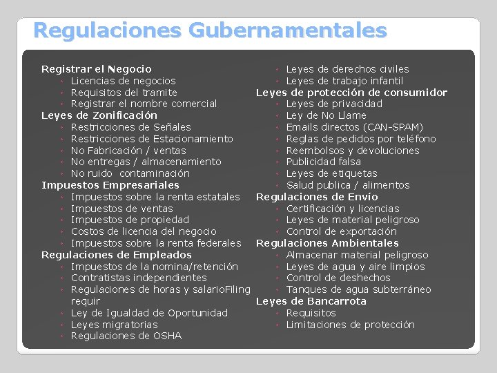 Regulaciones Gubernamentales Registrar el Negocio ◦ Licencias de negocios ◦ Requisitos del tramite ◦