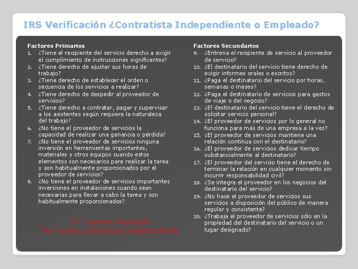 IRS Verificación ¿Contratista Independiente o Empleado? Factores Primarios 1. ¿Tiene el recipiente del servicio