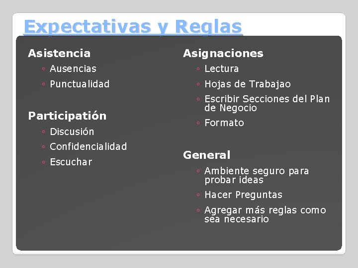 Expectativas y Reglas Asistencia Asignaciones ◦ Ausencias ◦ Lectura ◦ Punctualidad ◦ Hojas de