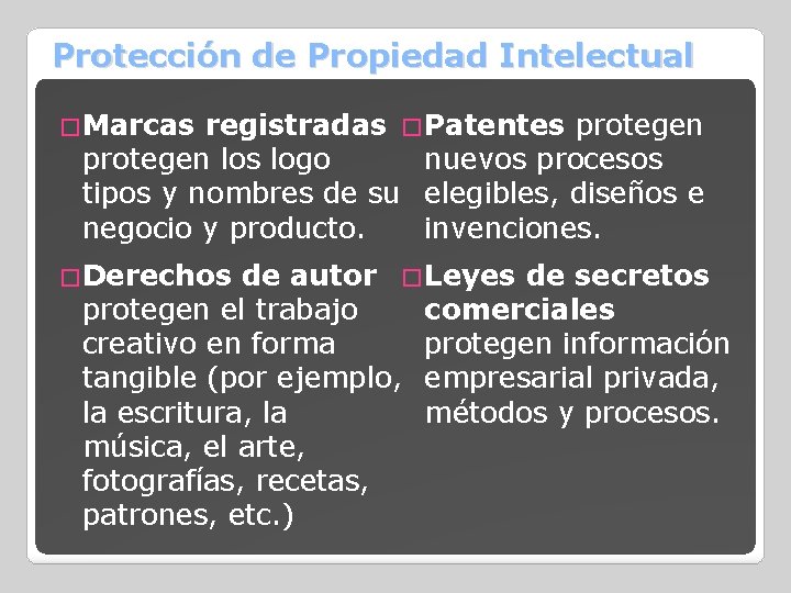 Protección de Propiedad Intelectual registradas �Patentes protegen nuevos procesos protegen los logo tipos y