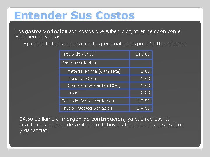 Entender Sus Costos Los gastos variables son costos que suben y bajan en relación